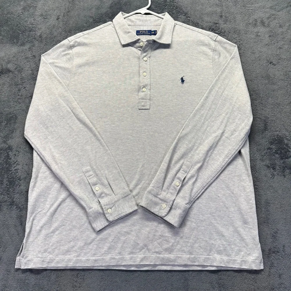 Polo Ralph Lauren Men XXL Heather Gray Long Sleeve Cotton Pique Polo Shirt Rugby